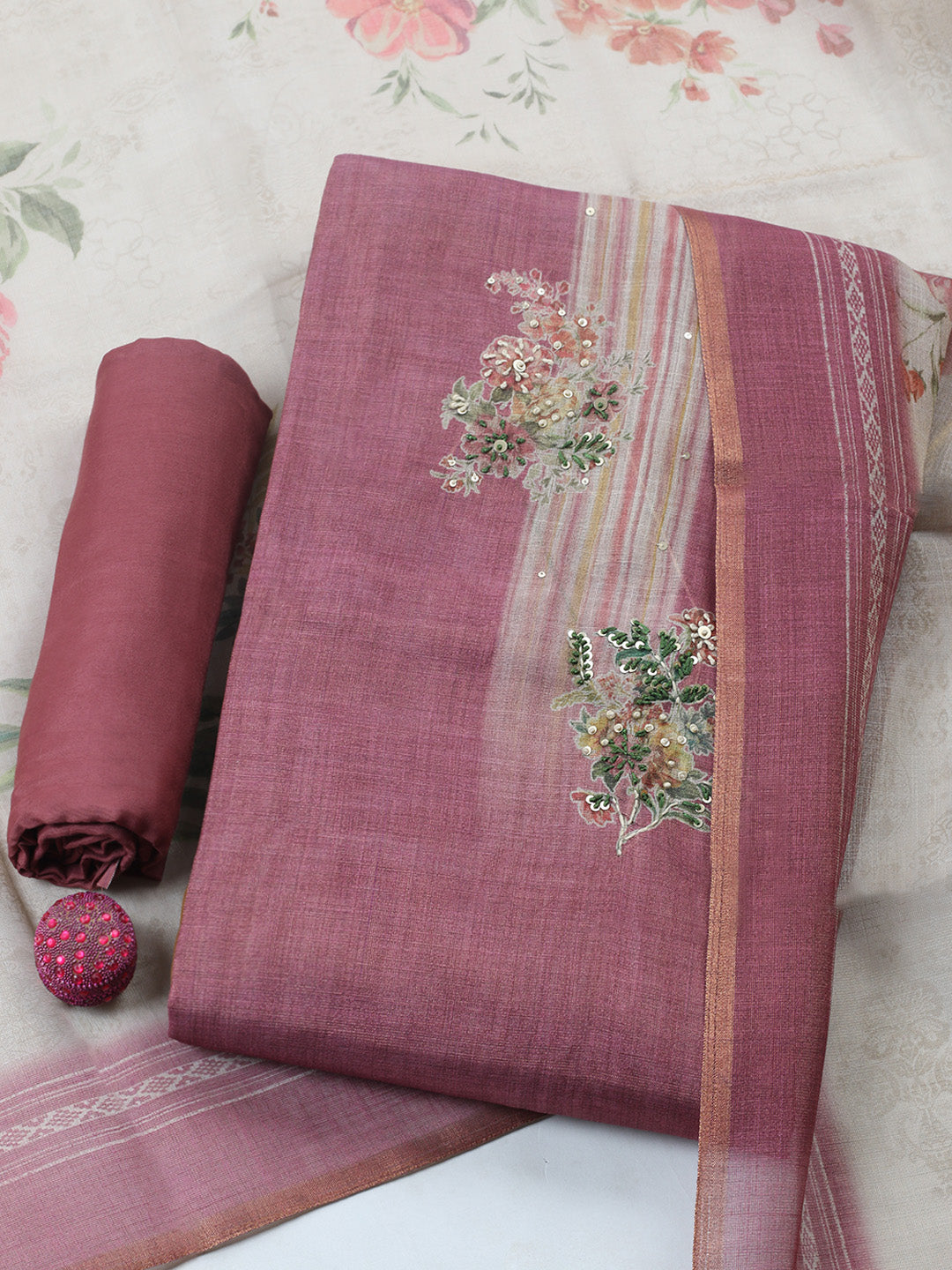 Printed Linen Blend Unstitched Suit With Pant &amp; Dupatta