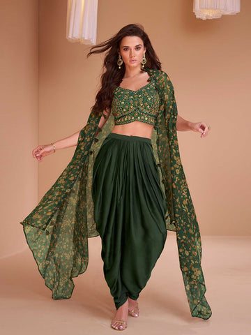 Embroidered Art Silk Crop Top With Dhoti And Cape Jacket