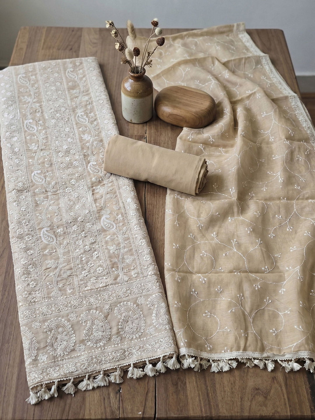 Thread Embroidered Cotton Blend Unstitched Suit With Dupatta