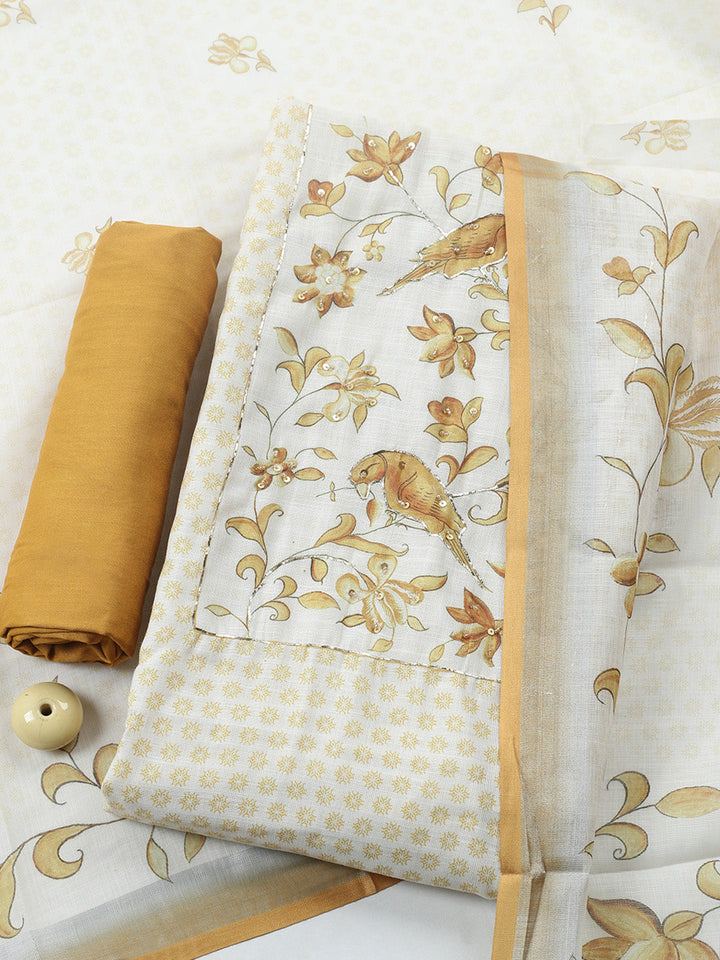 Printed Linen Blend Unstitched Suit With Pant &amp; Dupatta