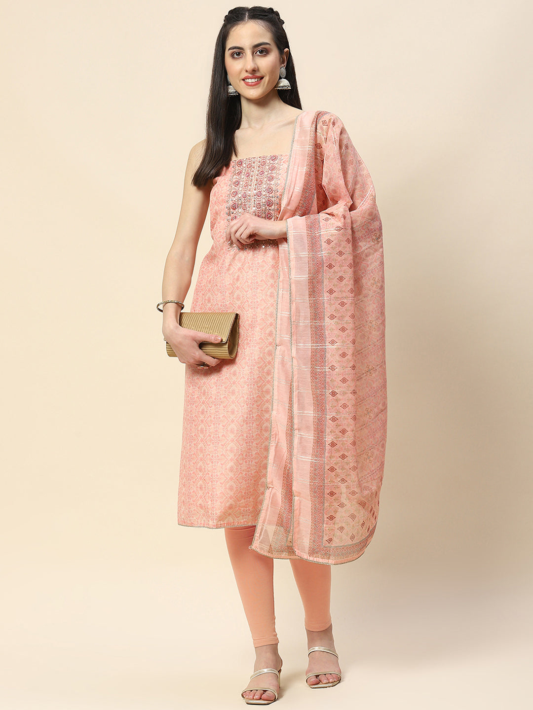 Neck Embroidery Chanderi Unstitched Suit Piece With Dupatta