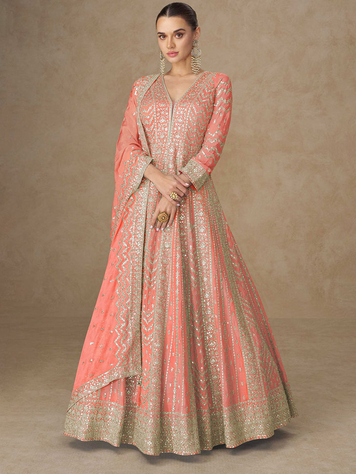 Embroidered Chinon Suit With Pant &amp; Dupatta