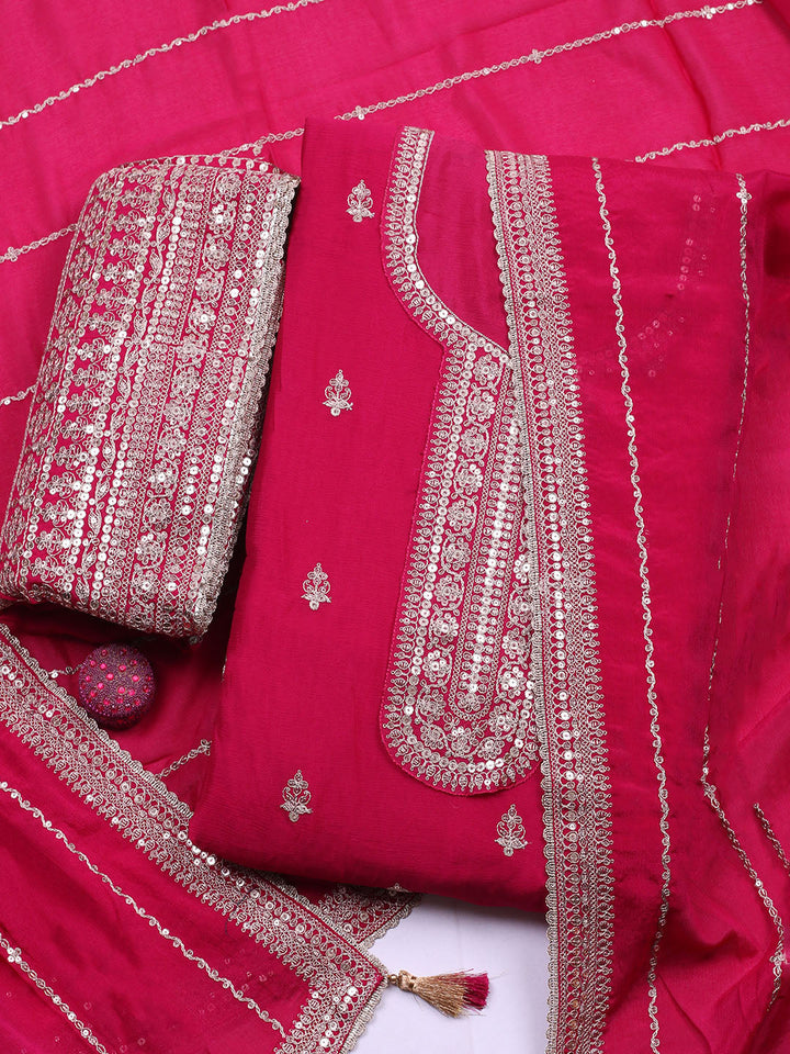 Embroidered Chinon Unstitched Suit With Pant &amp; Dupatta