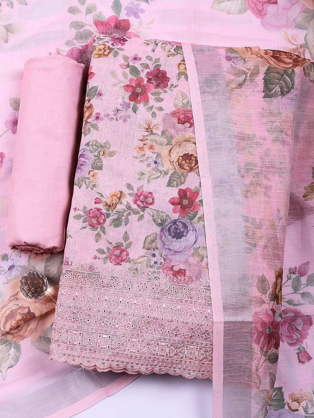 Embroidered Linen Blend Unstitched Suit With Pant &amp; Dupatta