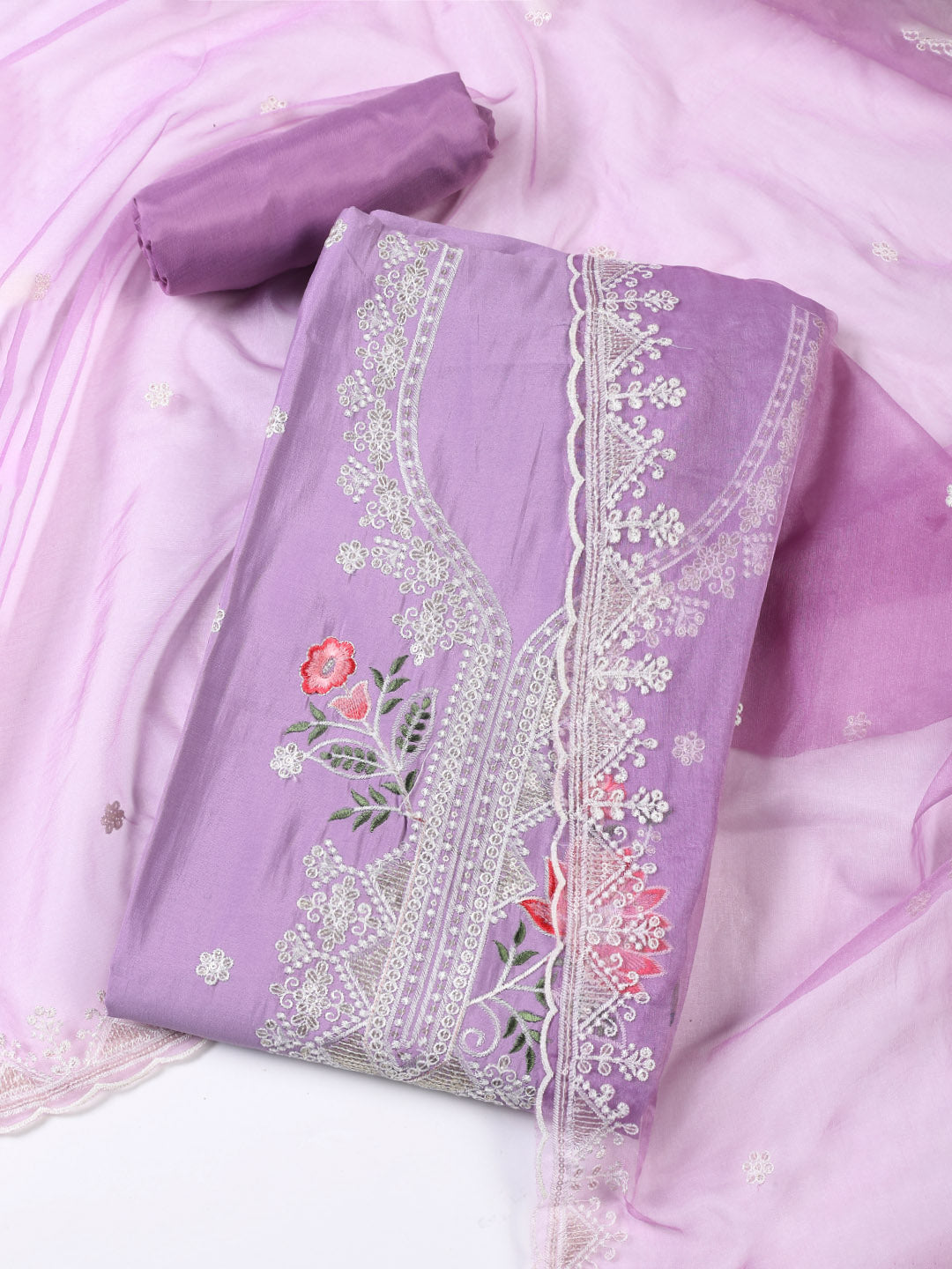 Neck Embroidered Chanderi Unstitched Suit With Dupatta