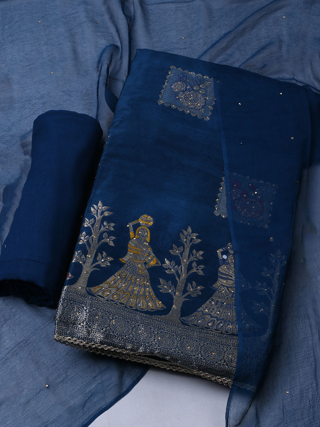 Woven Design Chanderi Unstitched Suit With Pant &amp; Dupatta