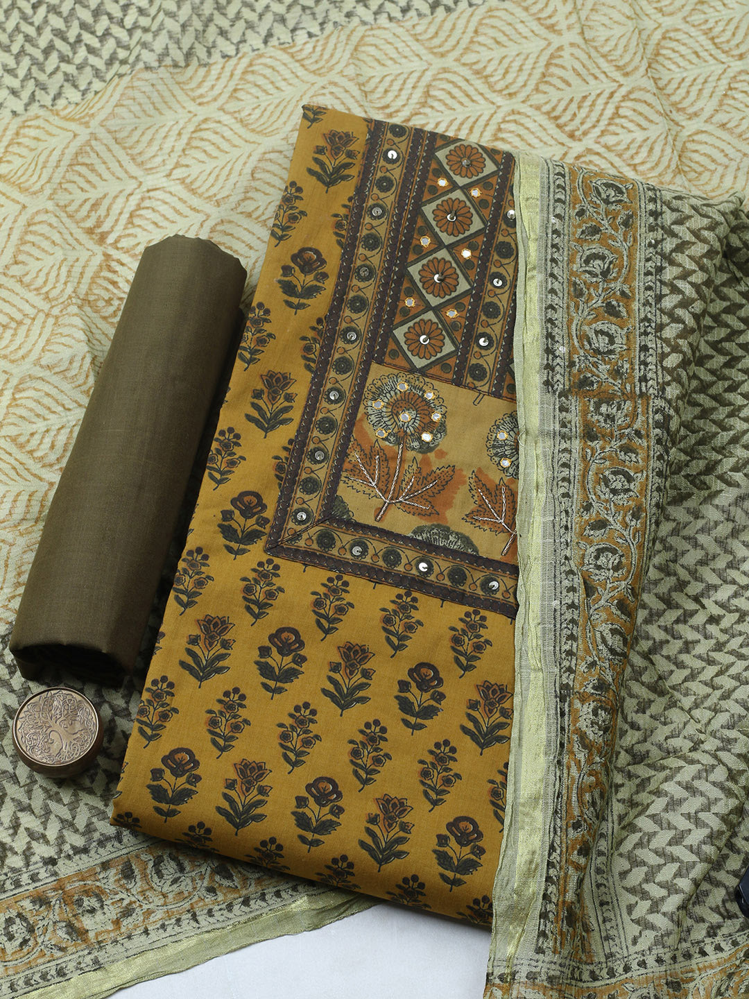 Printed Cotton Blend Unstitched Suit With Pant &amp; Dupatta