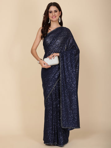 Sequence Embroidery Net Saree