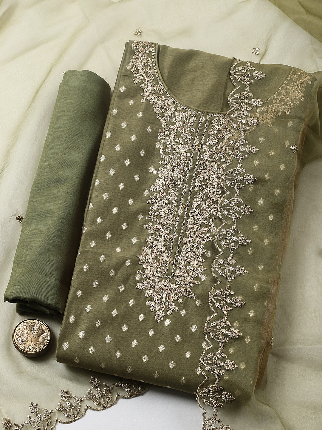 Embroidered Chanderi Unstitched Suit With Pant &amp; Dupatta