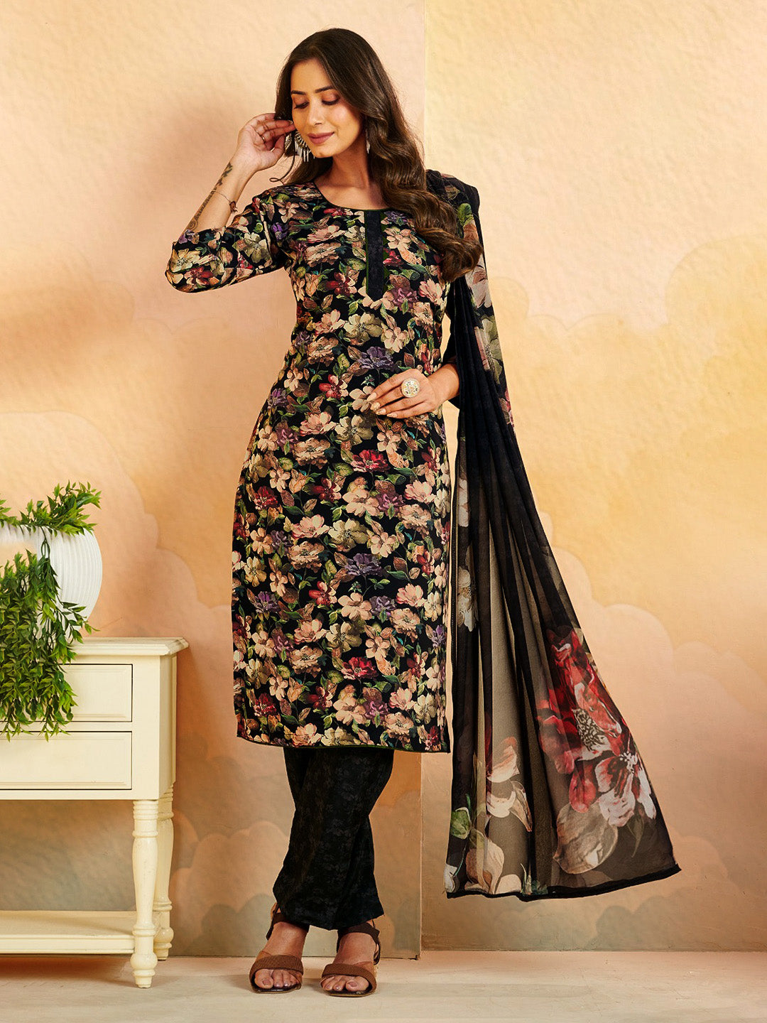 Printed Crepe Unstitched Suit With Pant &amp; Dupatta