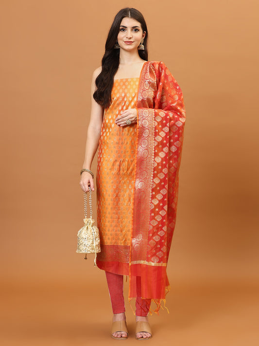 Woven Banarasi Chanderi Unstitched Suit With Dupatta