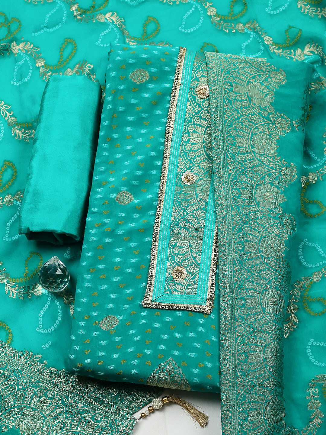 Embroidered Georgette Unstitched Suit With Pant &amp; Dupatta