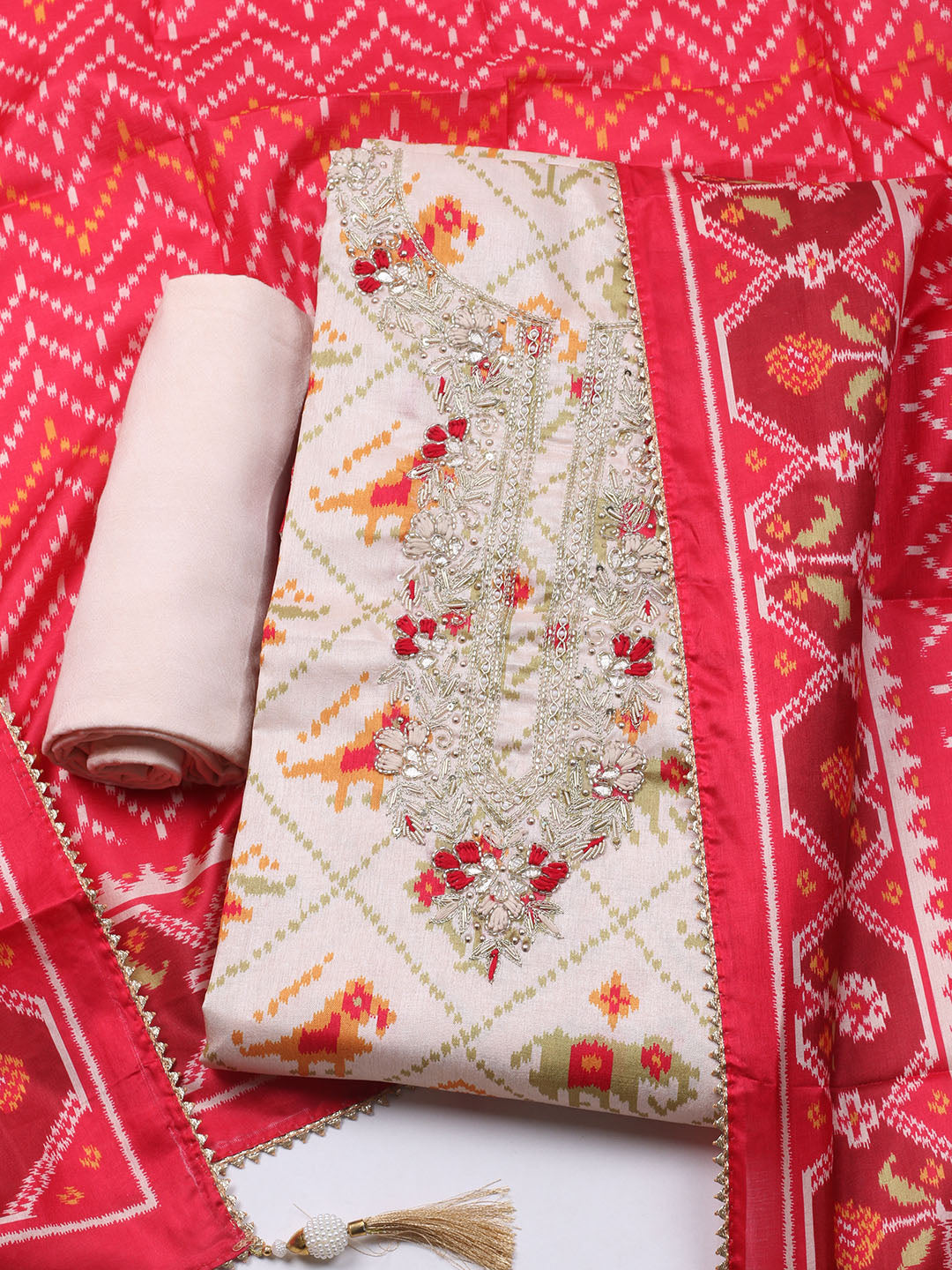Patola Printed Tussar Unstitched Suit With Dupatta