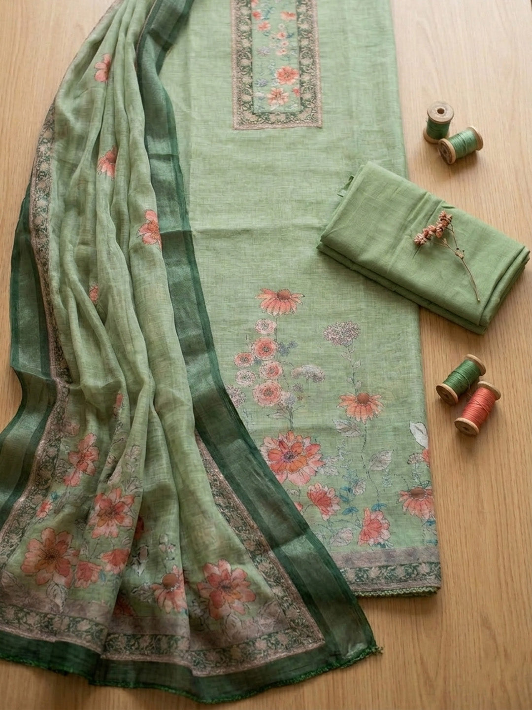 Embroidered Chanderi Unstitched Suit With Pant &amp; Dupatta
