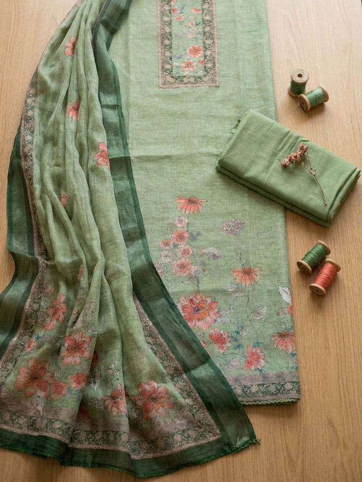 Embroidered Chanderi Unstitched Suit With Pant &amp; Dupatta