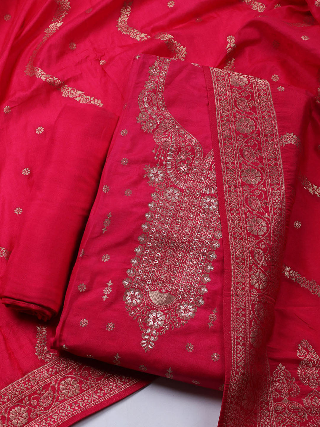 Neck Embroidered Chanderi Unstitched Suit With Dupatta