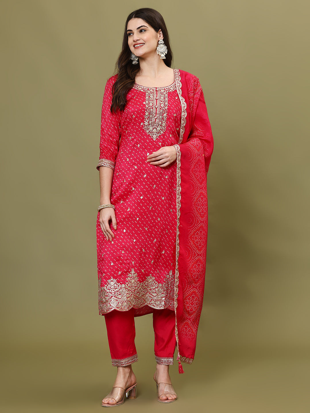 Neck Embroidered Handloom Kurta With Pants & Dupatta