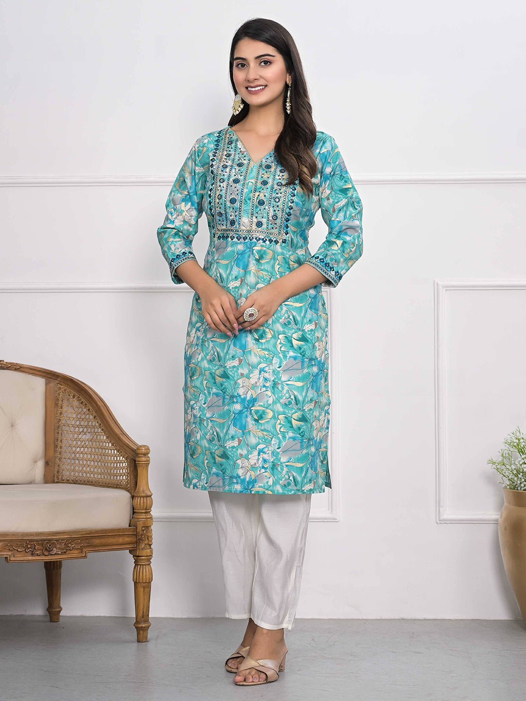Printed Neck Embroidered Cotton Blend Kurta