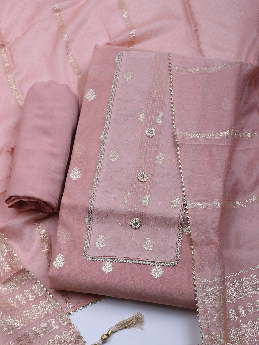 Zari Embroidered Chanderi Unstitched Suit With Dupatta
