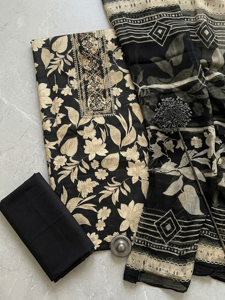 Printed Cotton Blend Unstitched Suit With Pant &amp; Dupatta