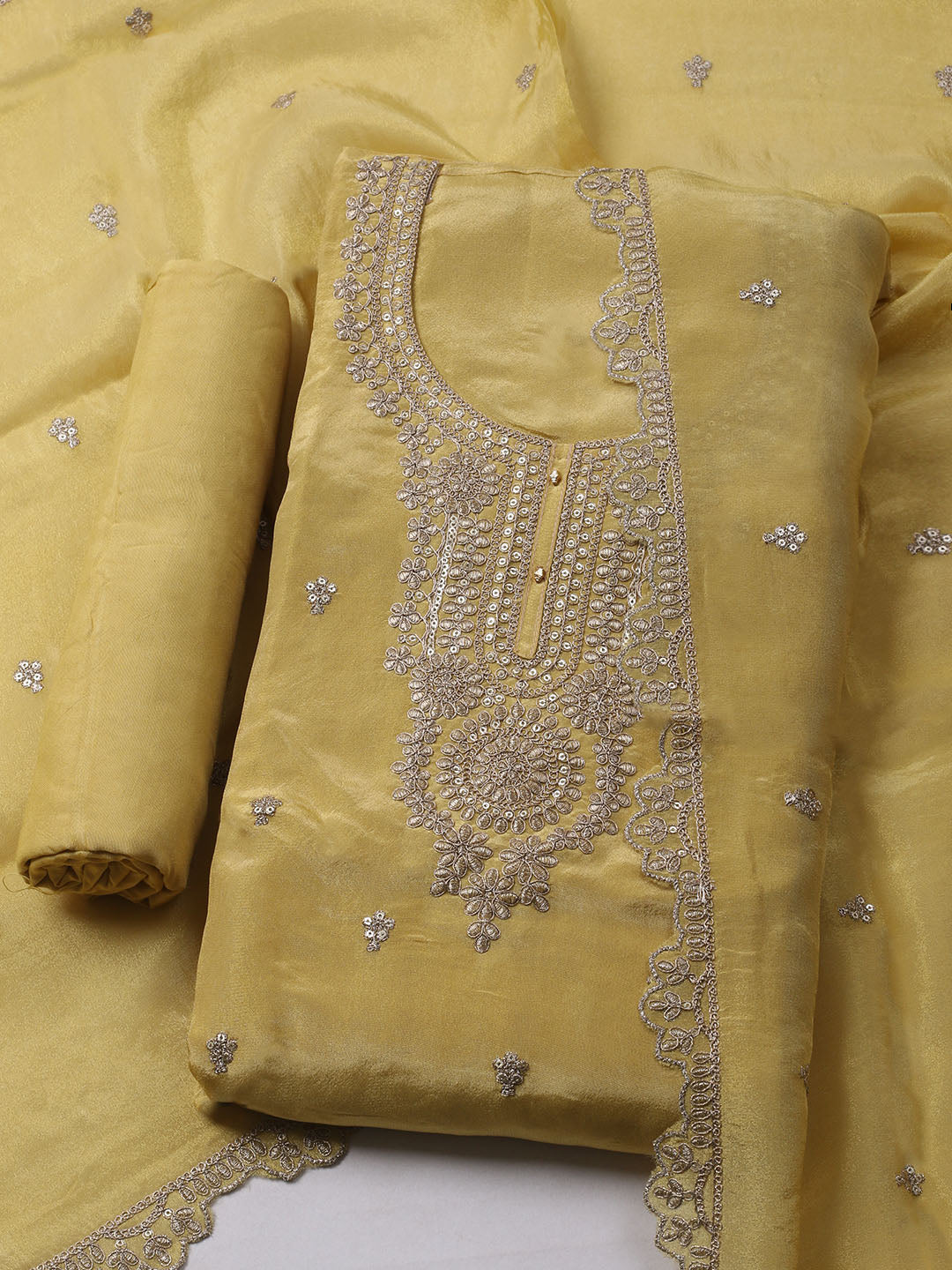 Embroidered Organza Unstitched Kurta With Pant &amp; Dupatta