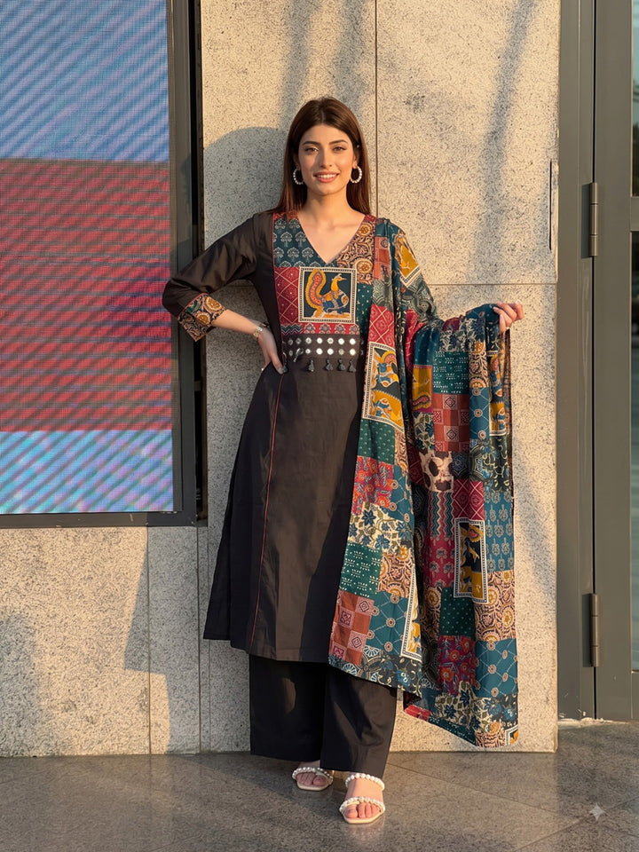 Black Printed Cotton Blend Kurta With Pant &amp; Dupatta