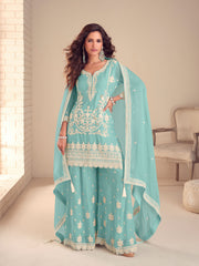 Embroidered Chinon Kurta With Plazzo & Dupatta