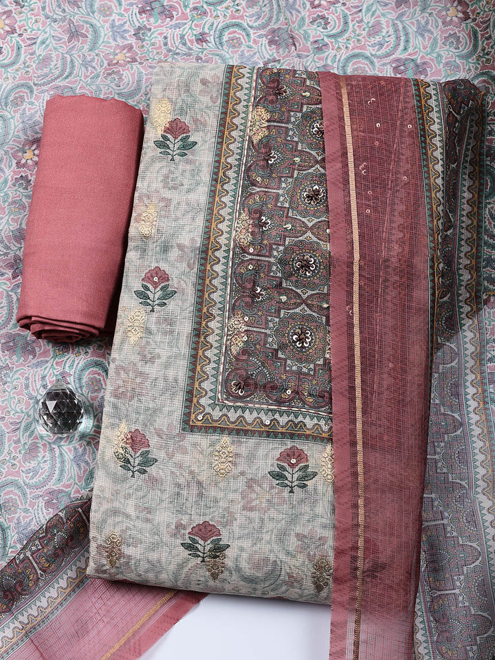 Embroidered Cotton Blend Unstitched Suit With Pant Dupatta