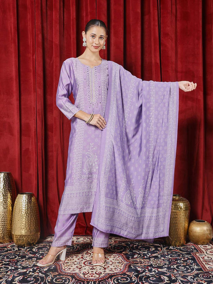 Printed Chanderi Kurta With Pants &amp; Dupatta