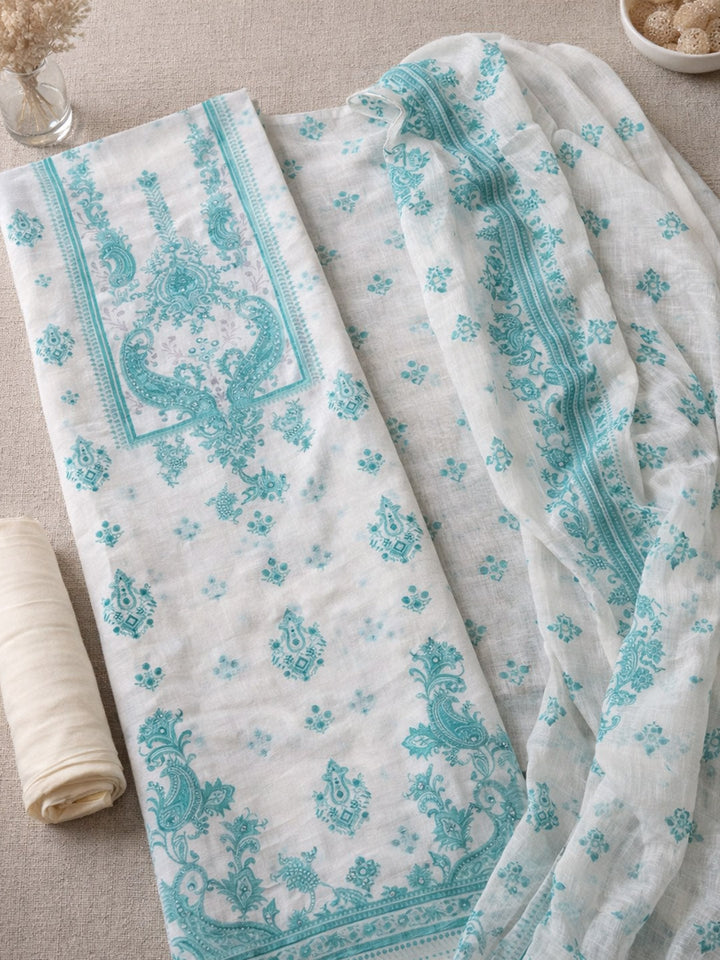 Embroidered Linen Blend Unstitched Suit With Pant &amp; Dupatta