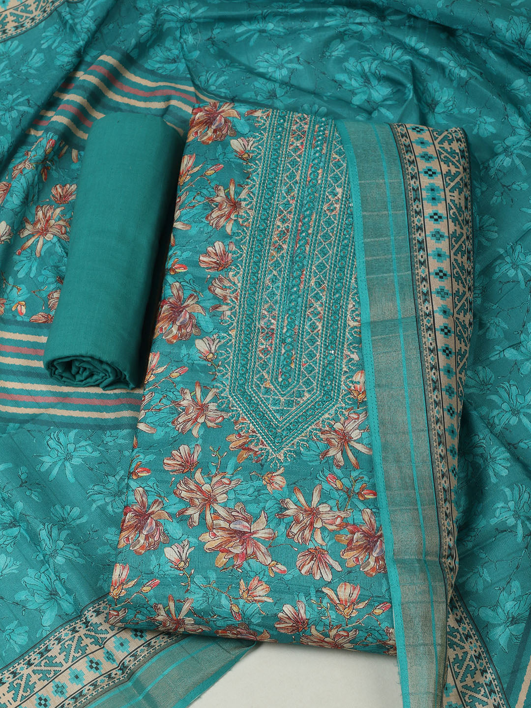 Embroidered Tussar Unstitched Suit With Pant Dupatta