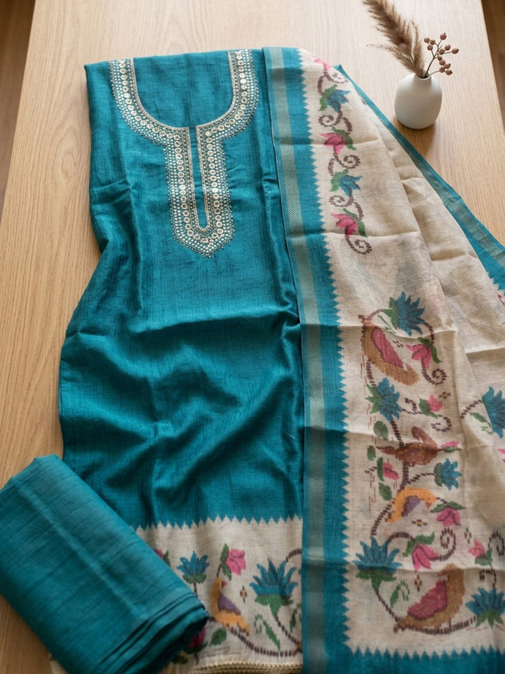 Embroidered Chanderi Unstitched Suit With Pant &amp; Dupatta