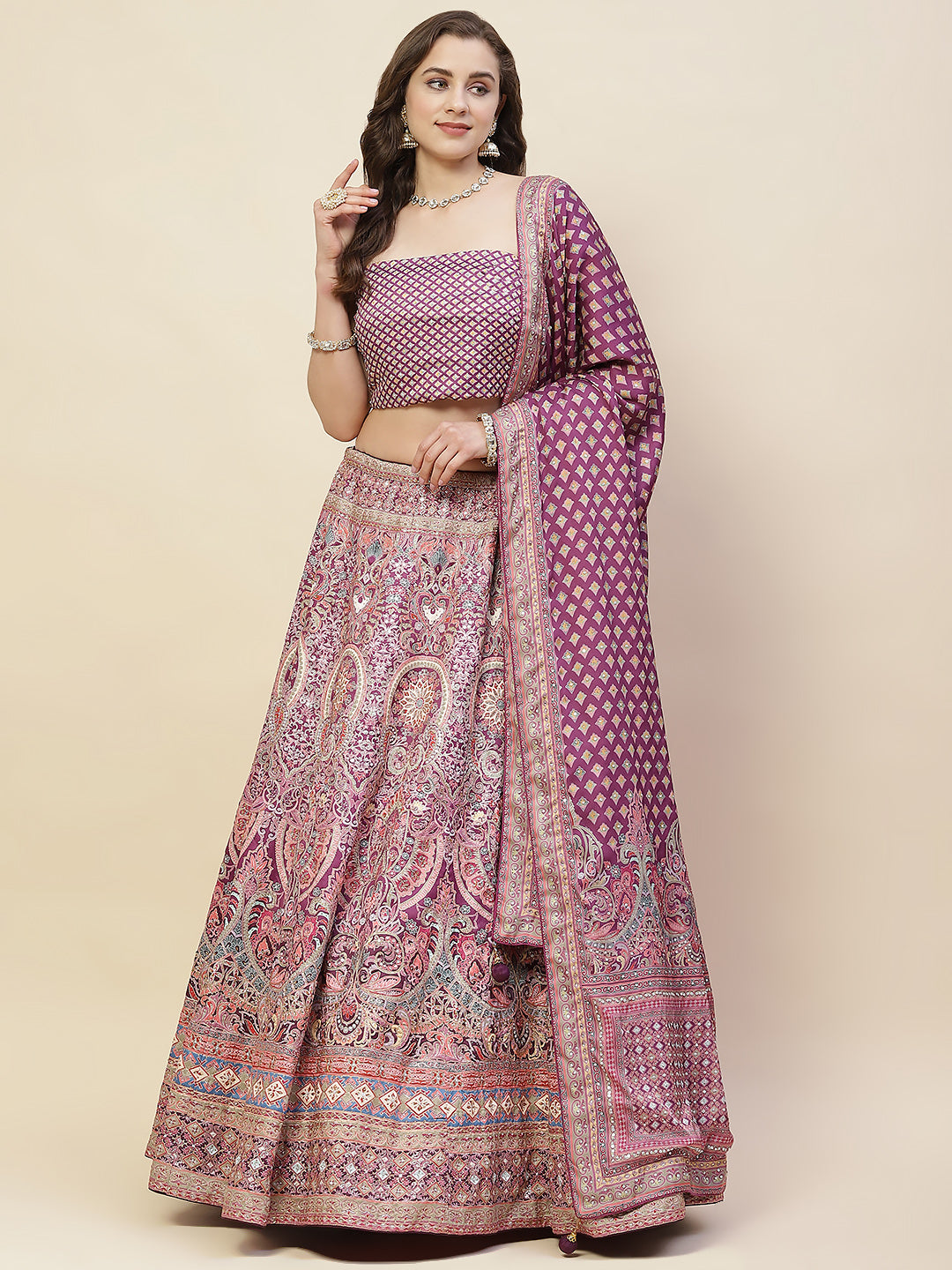 Printed & Thread Embroidered Choli With Unstitched Lehenga & Dupatta