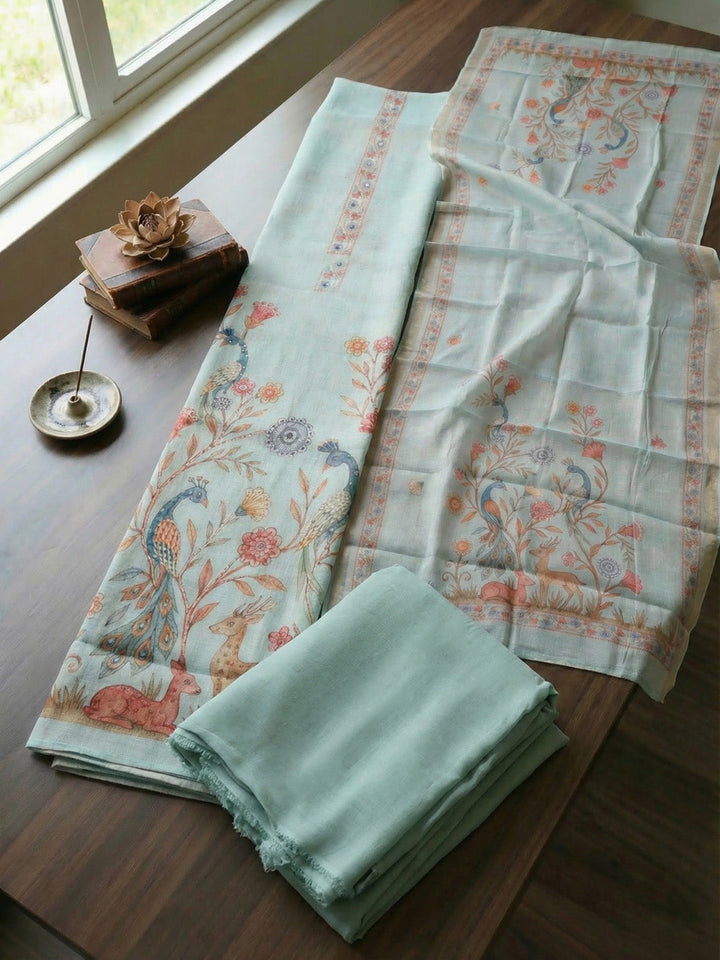 Printed Linen Blend Unstitched Suit With Pant &amp; Dupatta