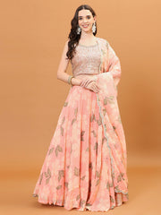 Floral Printed Organza Choli With Skirt & Dapatta