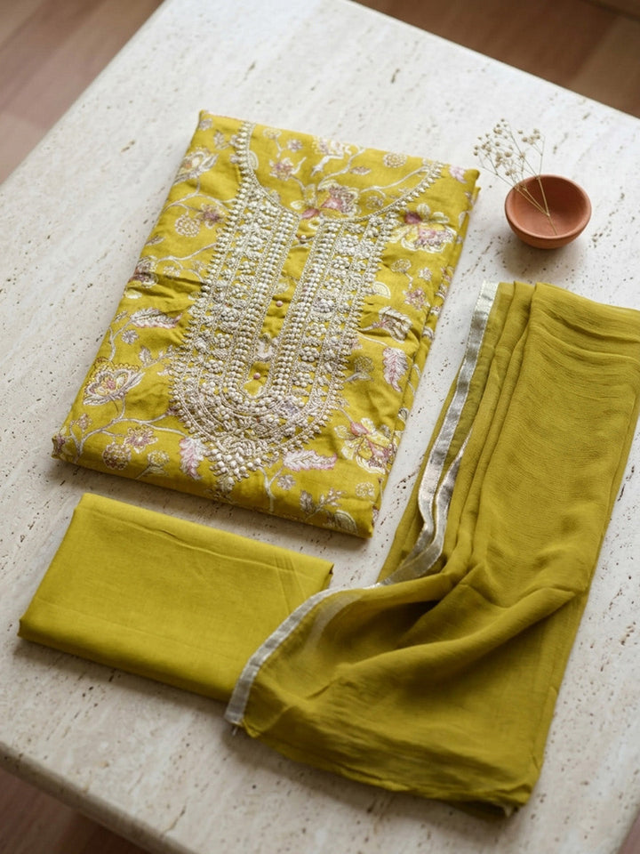 Embroidered Cotton Blend Unstitched Suit With Pant &amp; Dupatta