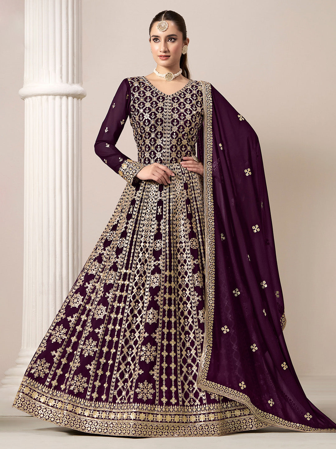 Embroidered Georgette Semi Stitched Kurta With Salwar &amp; Dupatta