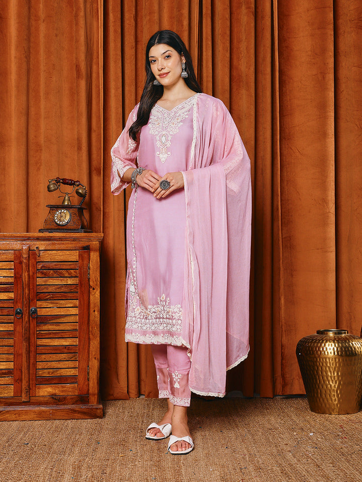 Resham Work Organza Kurta With Pants &amp; Dupatta