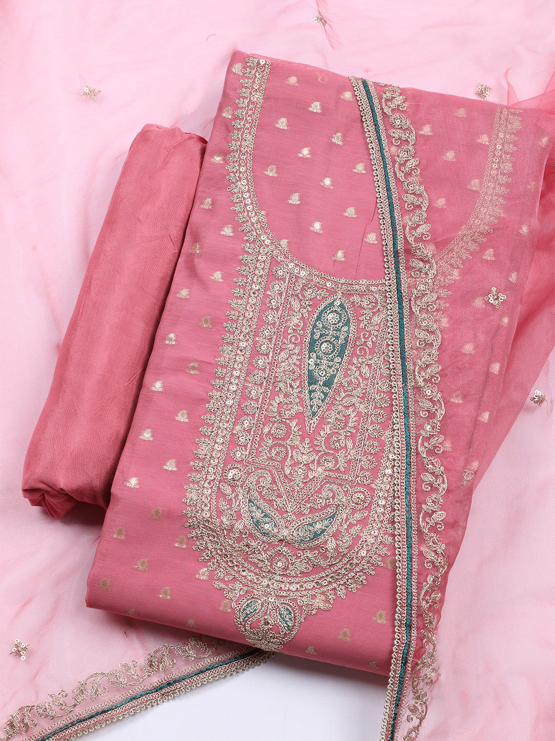Neck Embroidered Chanderi Unstitched Suit With Dupatta