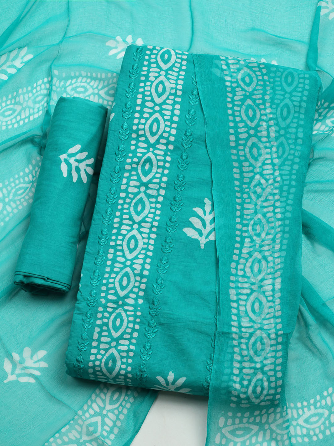 Printed Cotton Blend Unstitched Kurta With Pant &amp; Dupatta