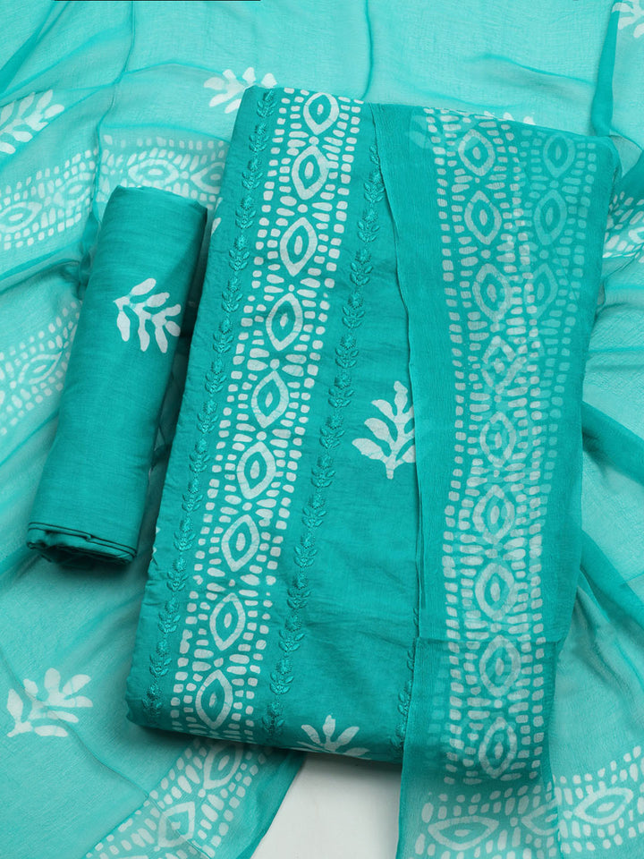 Printed Cotton Blend Unstitched Kurta With Pant &amp; Dupatta