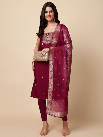 Neck Embroidery Chanderi Unstitched Suit With Dupatta