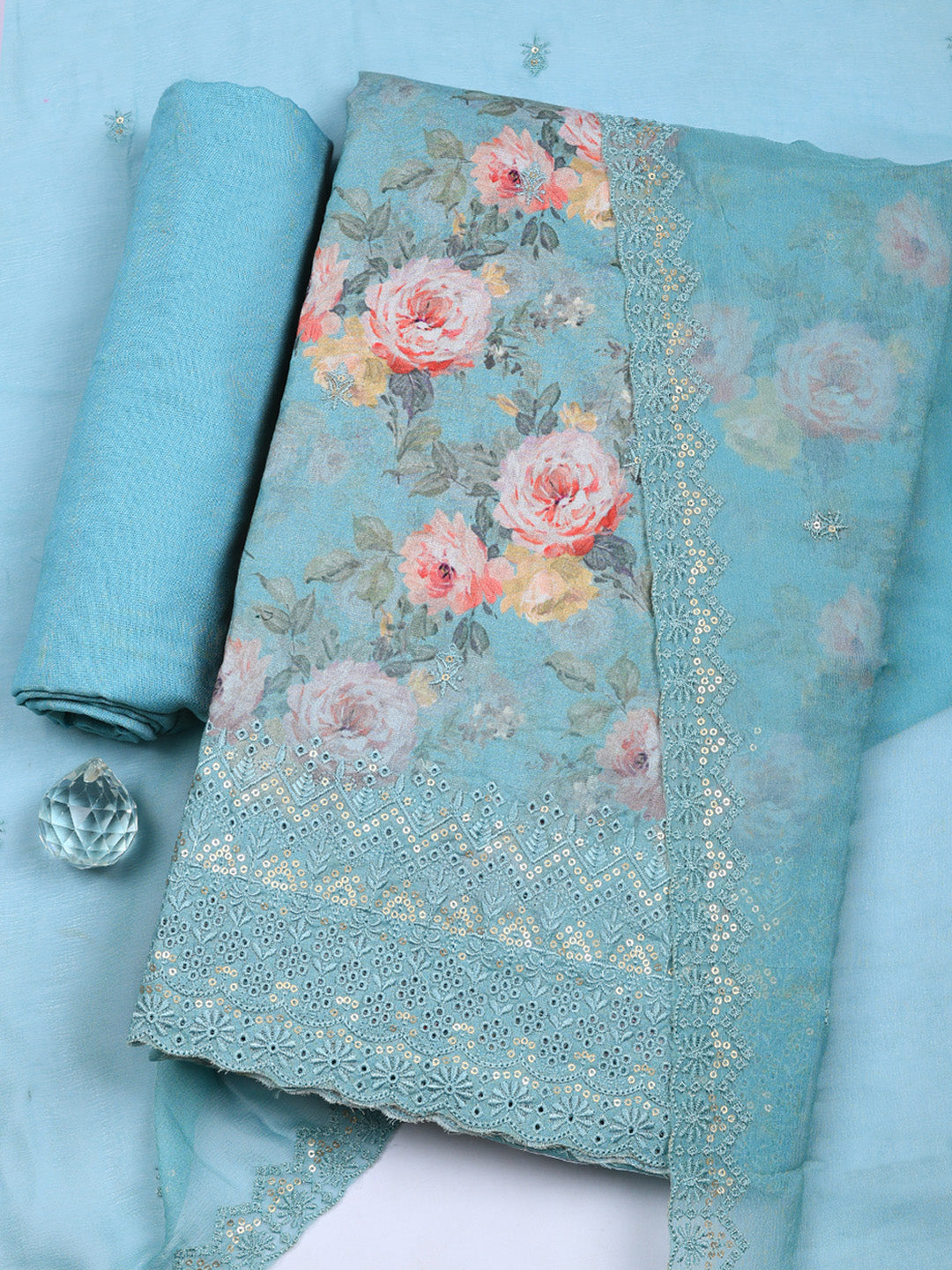 Embroidered Chanderi Unstitched Suit With Pant &amp; Dupatta