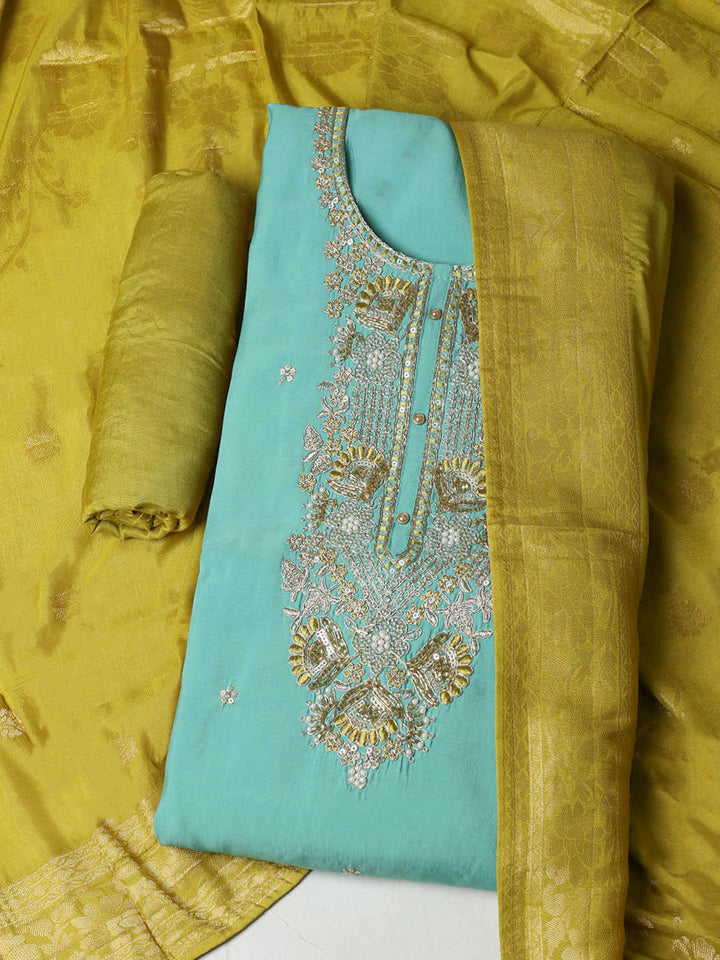 Embroidered Chanderi Unstitched Suit With Pant &amp; Dupatta