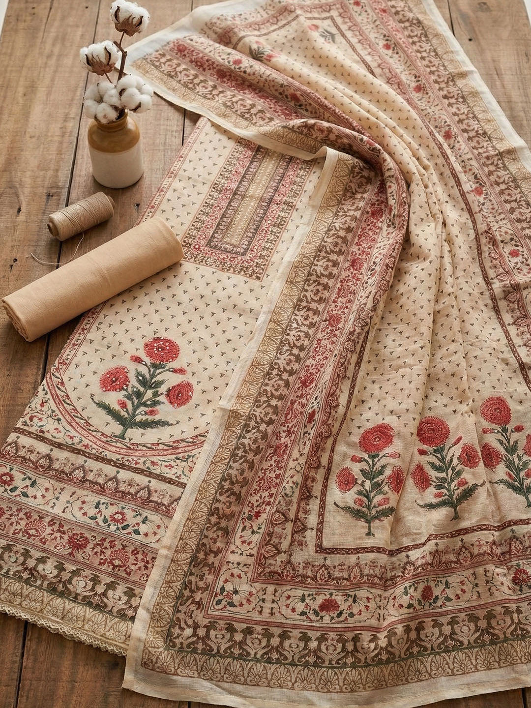Embroidered Cotton Blend Unstitched Suit With Pant &amp; Dupatta