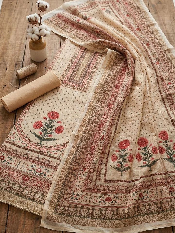 Embroidered Cotton Blend Unstitched Suit With Pant &amp; Dupatta