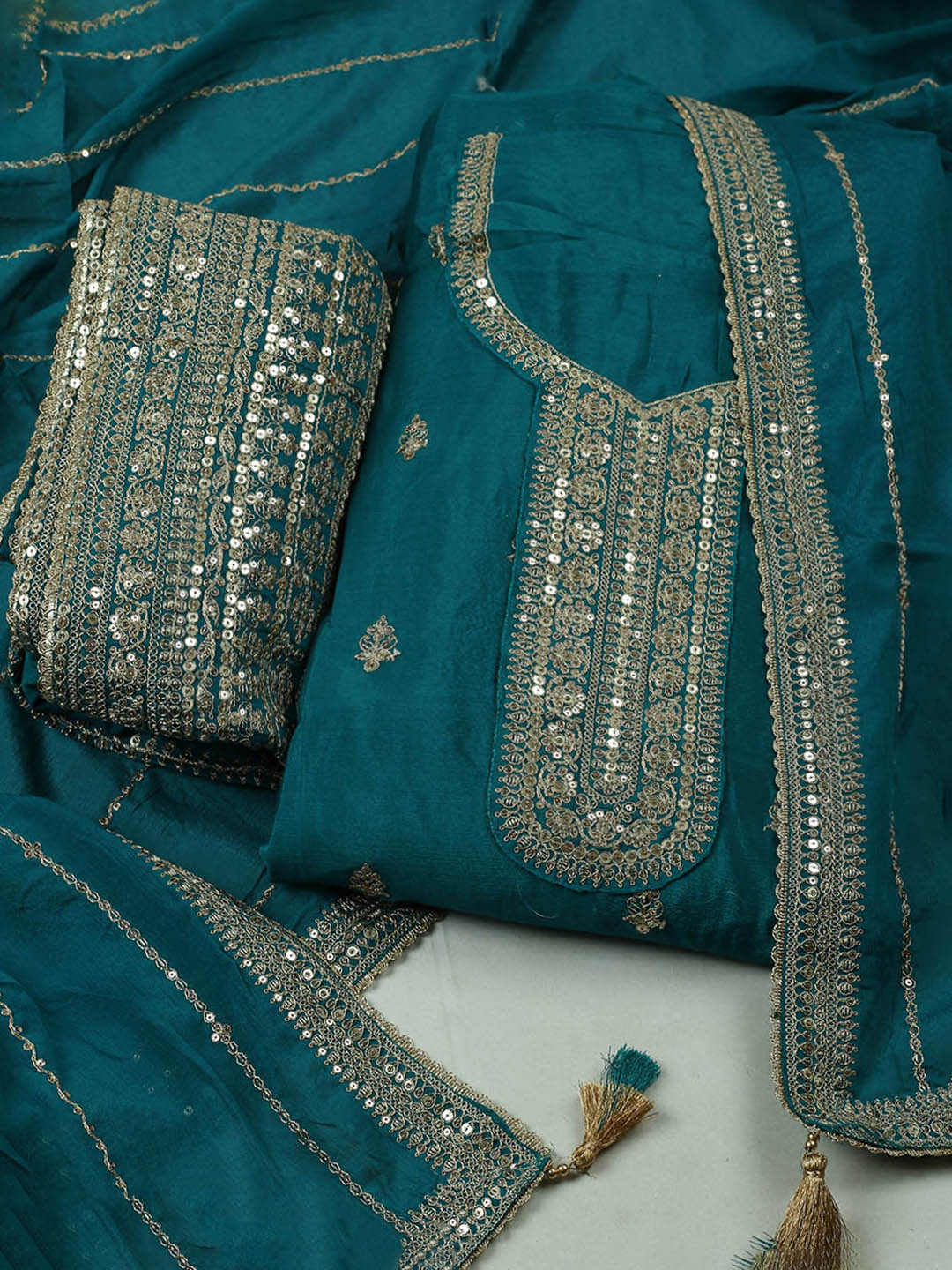 Embroidered Chinon Unstitched Suit With Pant &amp; Dupatta