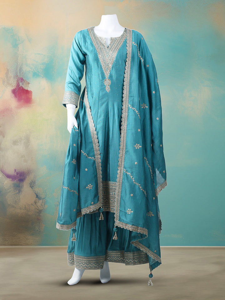 Embroidered Art Silk Stitched Kurta With Pant &amp; Dupatta