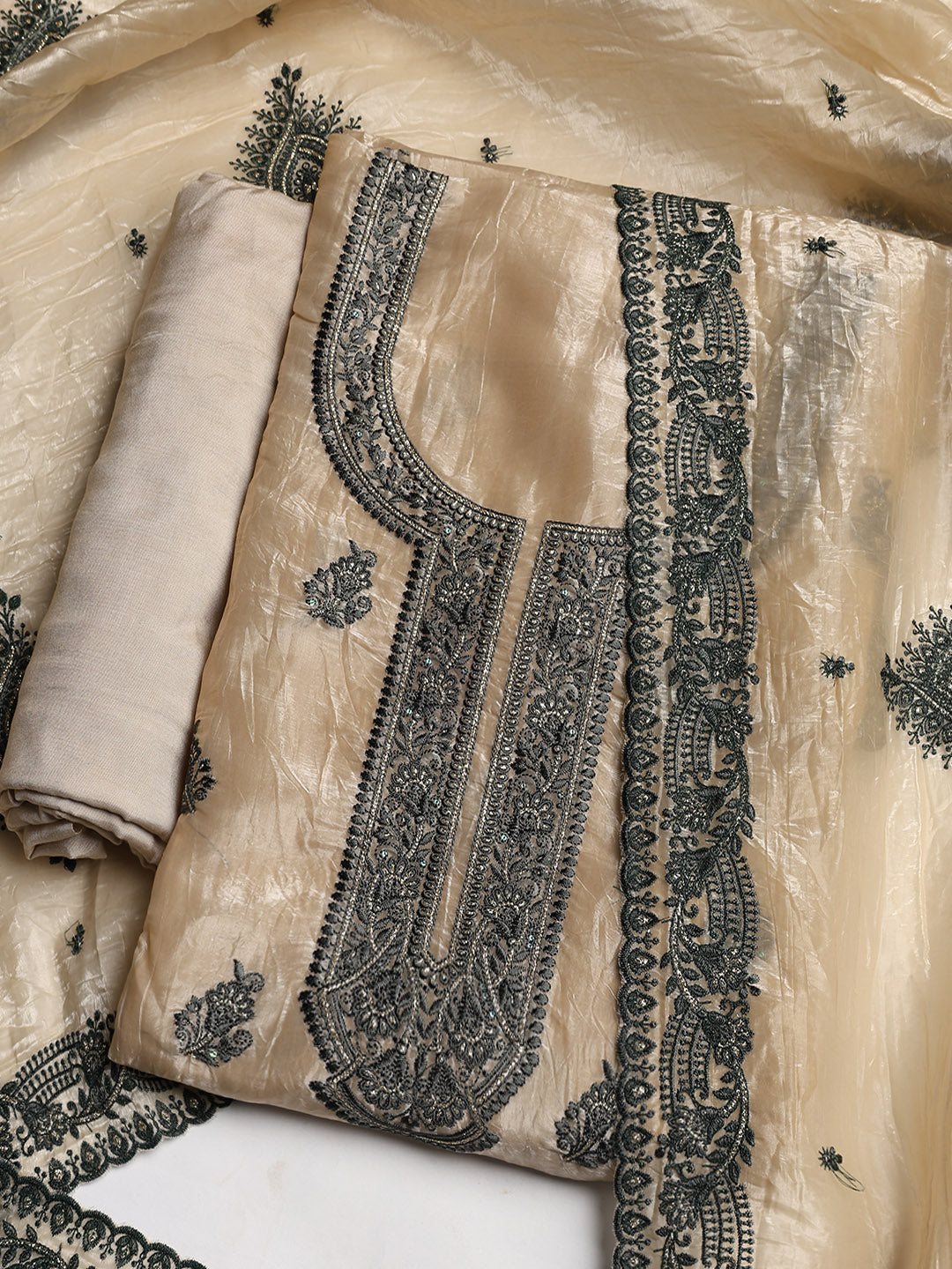Neck Embroidered Organza Unstitched Suit With Dupatta