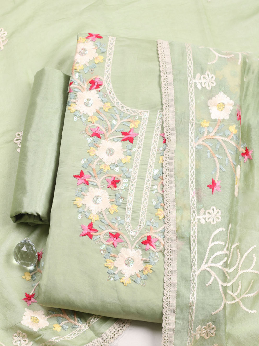 Embroidered Chanderi Unstitched Suit With Pant &amp; Dupatta